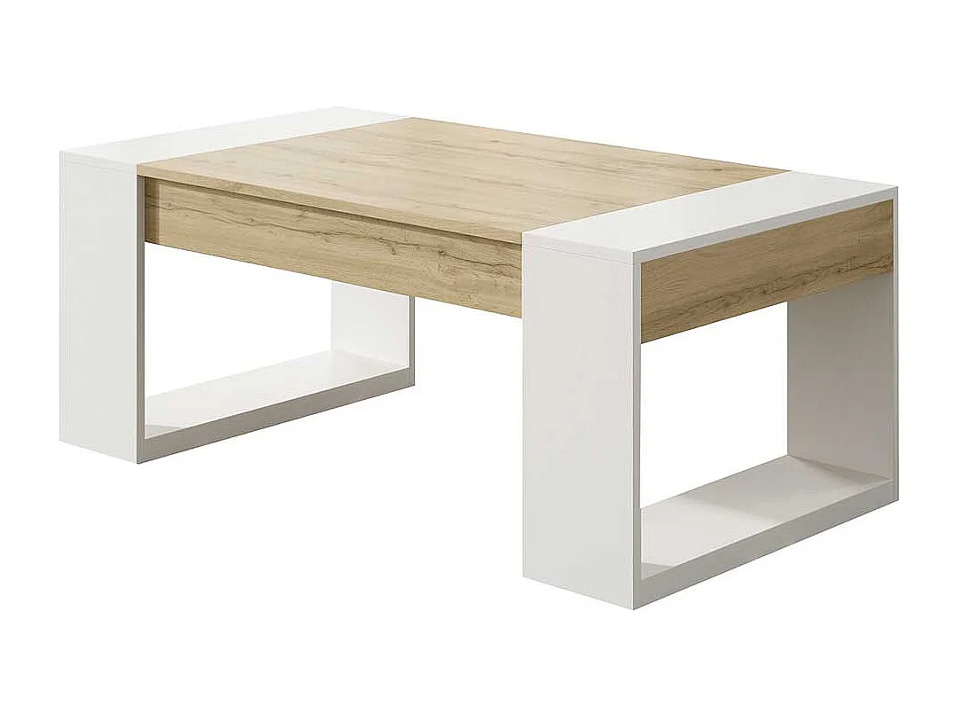 Sofa Tisch in Weiß und Wildeiche Optik hochklappbarer Tischplatte