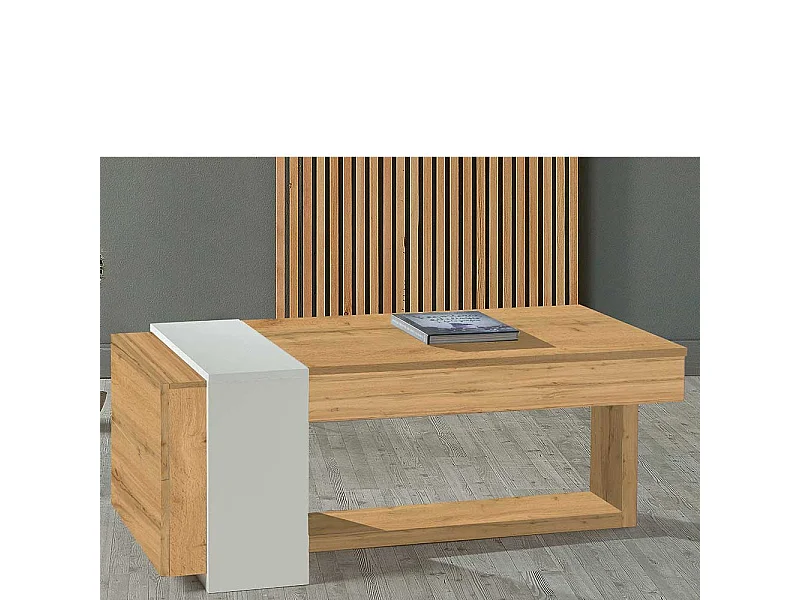 Designercouchtisch in Weiß und Wildeiche Optik hochklappbarer Tischplatte