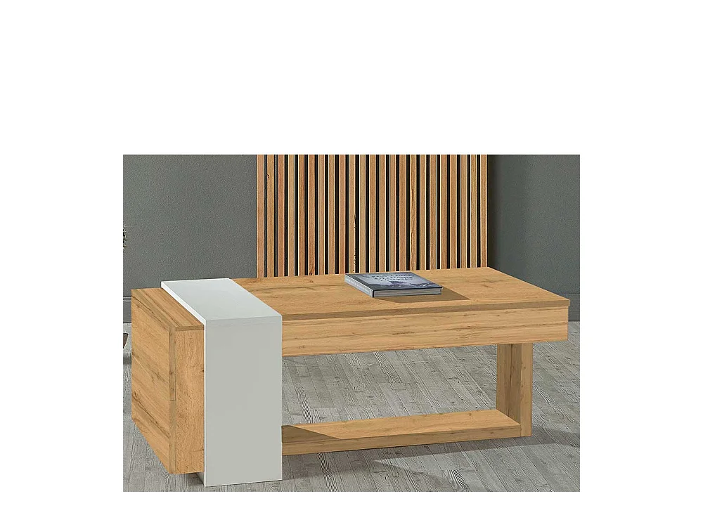 Designercouchtisch in Weiß und Wildeiche Optik hochklappbarer Tischplatte