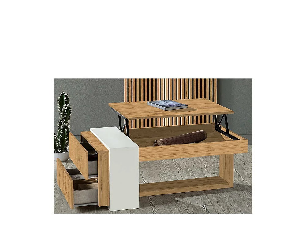 Designercouchtisch in Weiß und Wildeiche Optik hochklappbarer Tischplatte