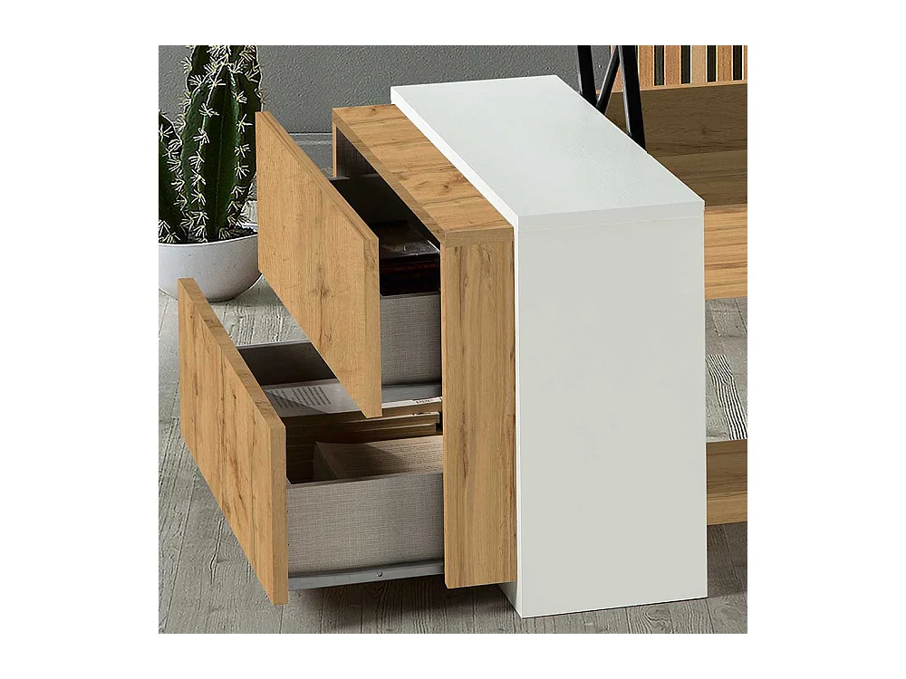 Designercouchtisch in Weiß und Wildeiche Optik hochklappbarer Tischplatte