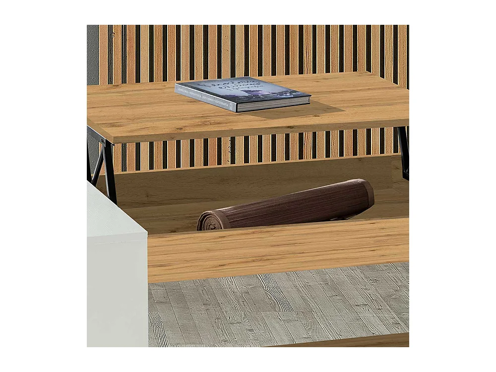 Designercouchtisch in Weiß und Wildeiche Optik hochklappbarer Tischplatte