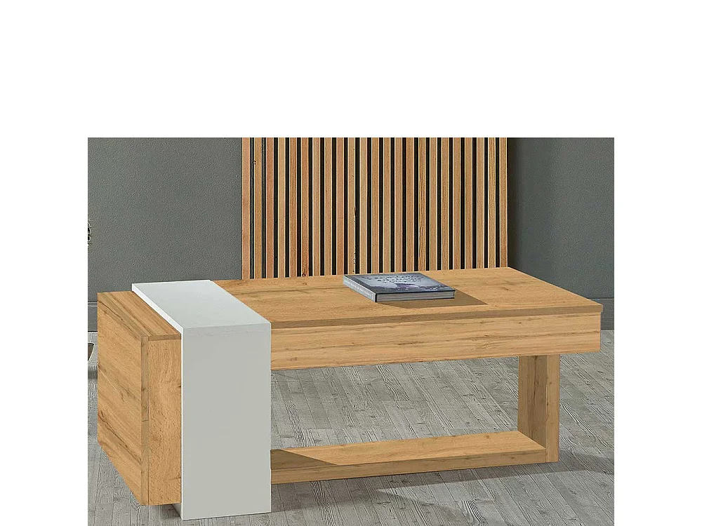 Designercouchtisch in Weiß und Wildeiche Optik hochklappbarer Tischplatte