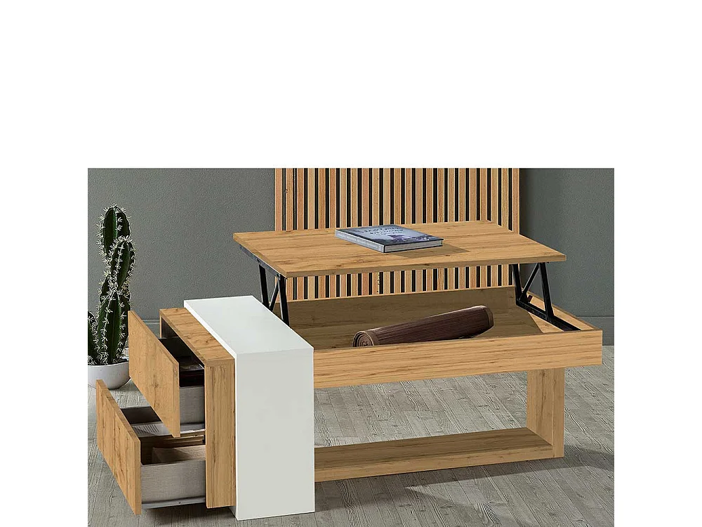 Designercouchtisch in Weiß und Wildeiche Optik hochklappbarer Tischplatte