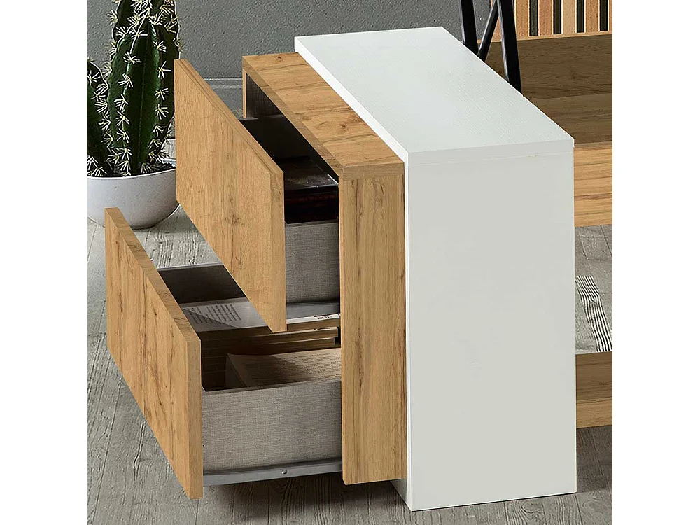 Designercouchtisch in Weiß und Wildeiche Optik hochklappbarer Tischplatte