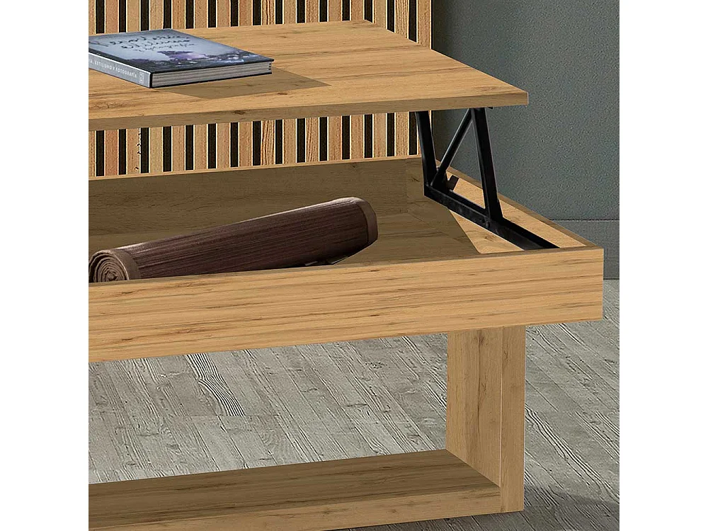 Designercouchtisch in Weiß und Wildeiche Optik hochklappbarer Tischplatte