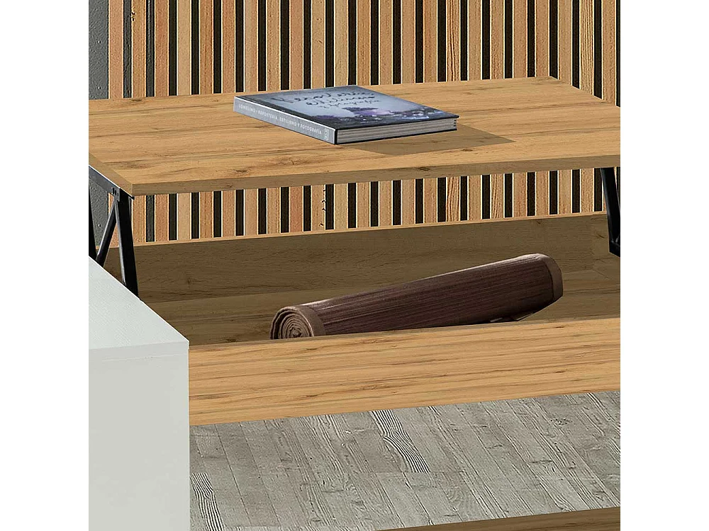 Designercouchtisch in Weiß und Wildeiche Optik hochklappbarer Tischplatte