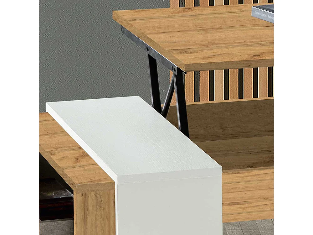 Designercouchtisch in Weiß und Wildeiche Optik hochklappbarer Tischplatte