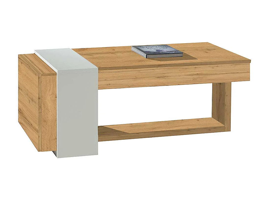 Designercouchtisch in Weiß und Wildeiche Optik hochklappbarer Tischplatte