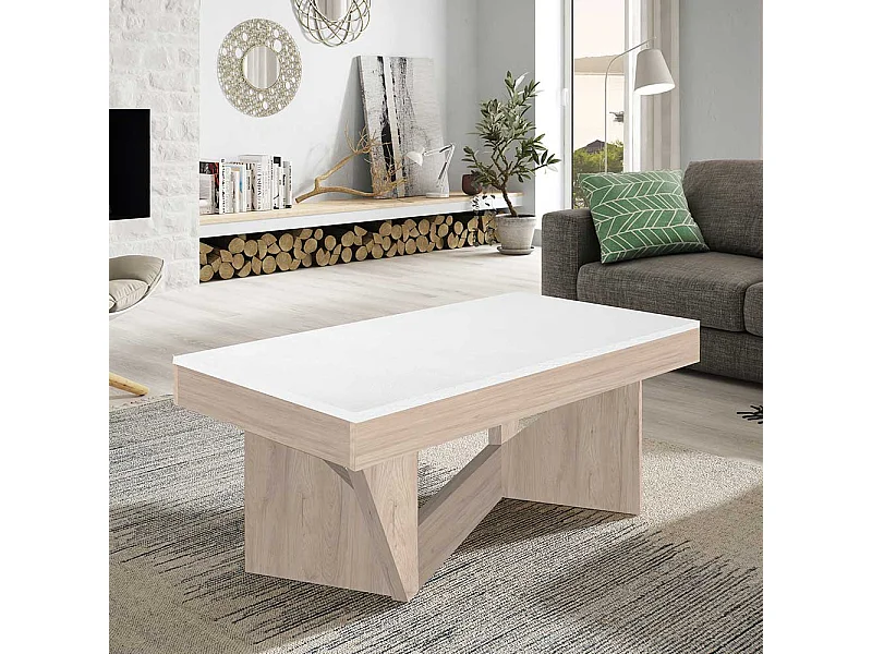 Designercouchtisch in Weiß und Eiche Bianco hochklappbarer Tischplatte