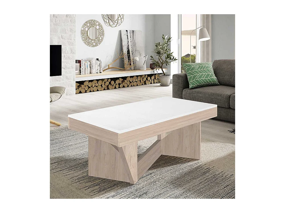 Designercouchtisch in Weiß und Eiche Bianco hochklappbarer Tischplatte