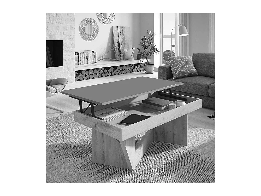 Designercouchtisch in Weiß und Eiche Bianco hochklappbarer Tischplatte