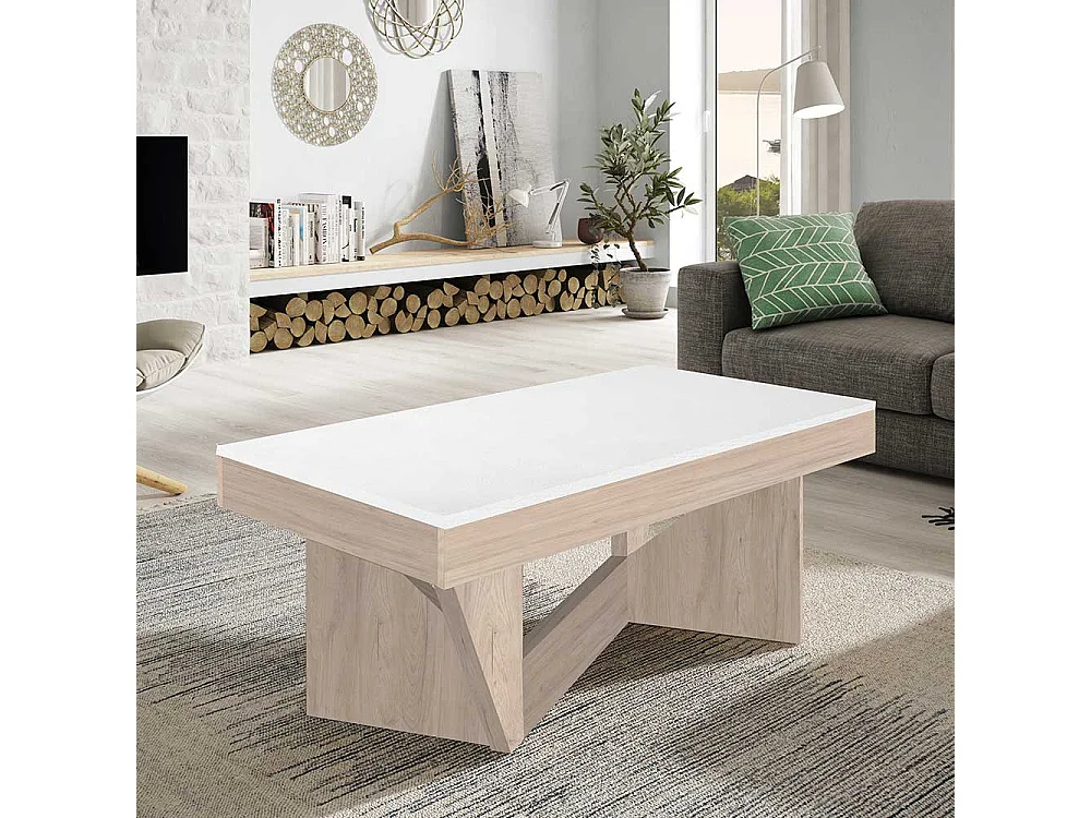 Designercouchtisch in Weiß und Eiche Bianco hochklappbarer Tischplatte