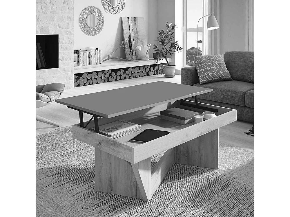 Designercouchtisch in Weiß und Eiche Bianco hochklappbarer Tischplatte