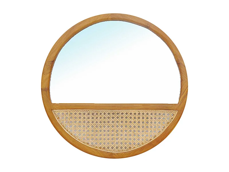 Garderobenspiegel 60 cm aus Teak Massivholz und Rattan Skandi Design