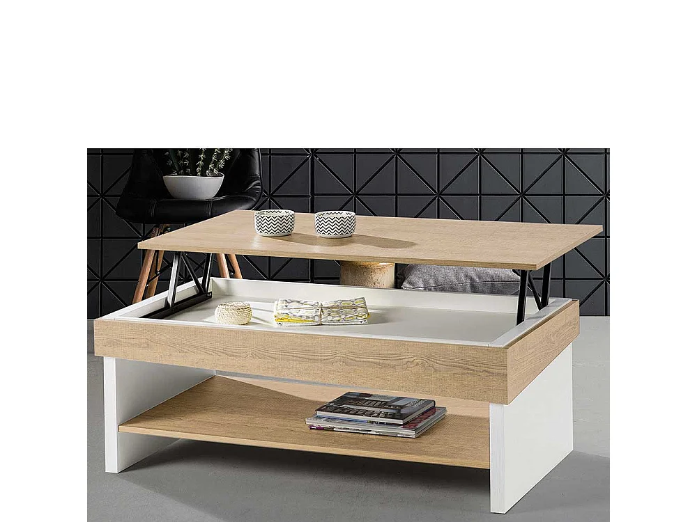 Salontisch in Wildeichefarben und Weiß höhenverstellbar