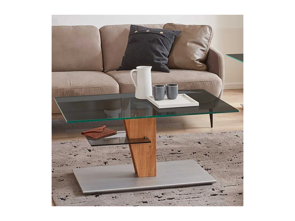 Rechteckiger Design Couchtisch mit Rauchglasplatte höhenverstellbar und auf Rollen