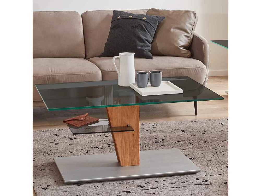 Rechteckiger Design Couchtisch mit Rauchglasplatte höhenverstellbar und auf Rollen