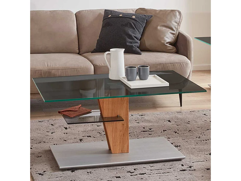 Rechteckiger Design Couchtisch mit Rauchglasplatte höhenverstellbar und auf Rollen