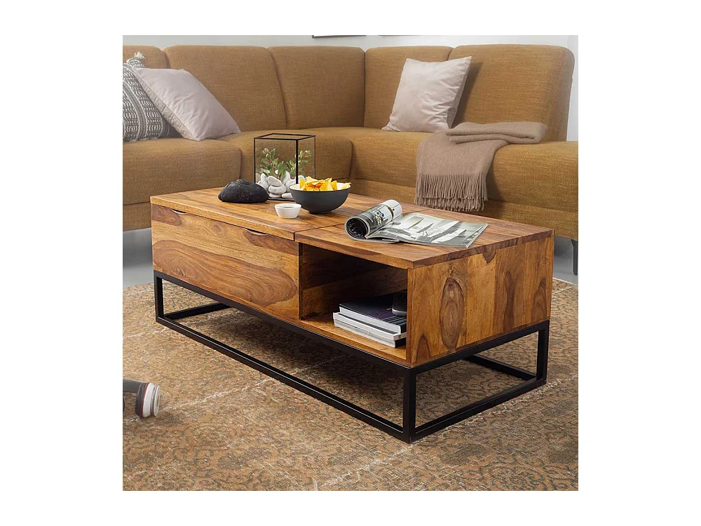 Wohnzimmer Couchtisch aus Sheesham Massivholz und Edelstahl 110 cm breit