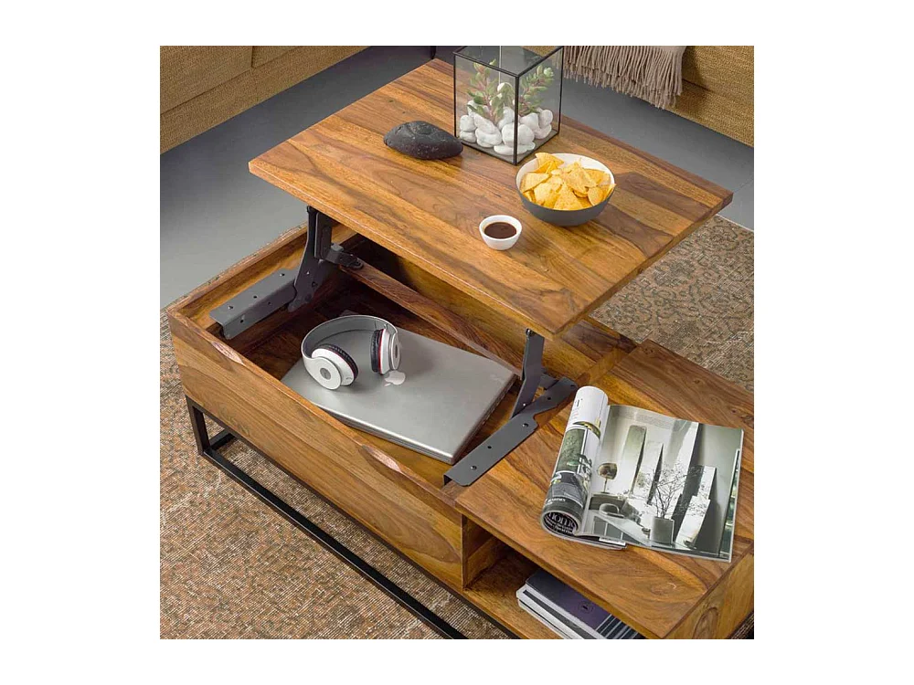 Wohnzimmer Couchtisch aus Sheesham Massivholz und Edelstahl 110 cm breit