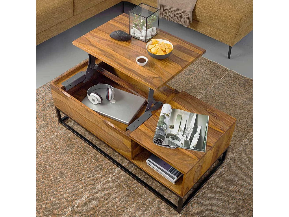 Wohnzimmer Couchtisch aus Sheesham Massivholz und Edelstahl 110 cm breit