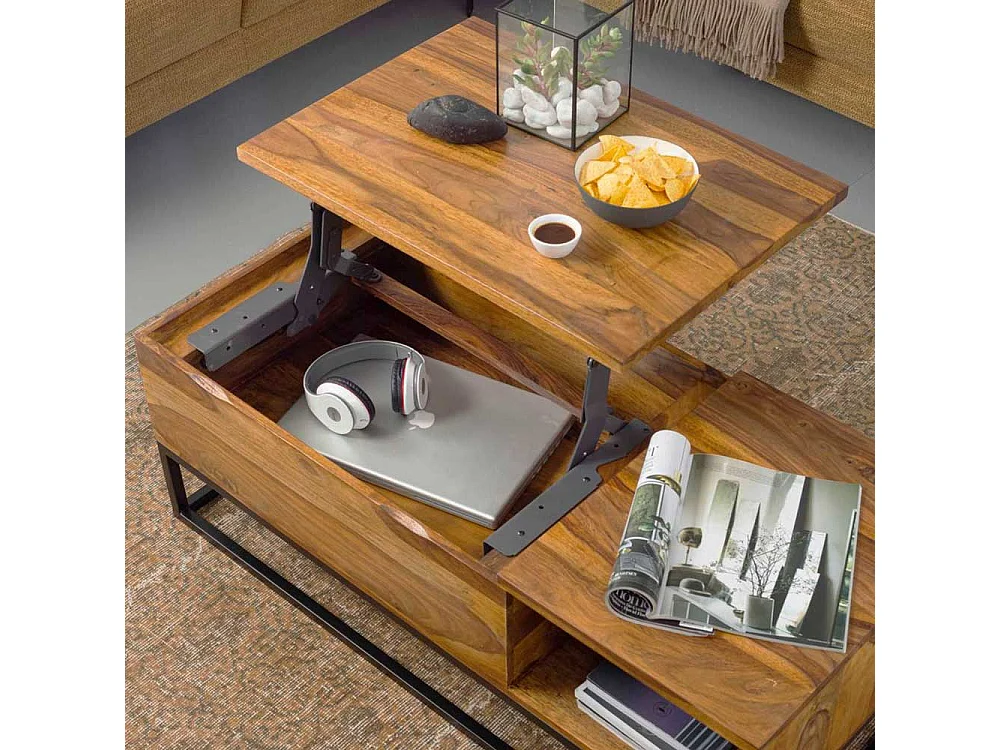 Wohnzimmer Couchtisch aus Sheesham Massivholz und Edelstahl 110 cm breit