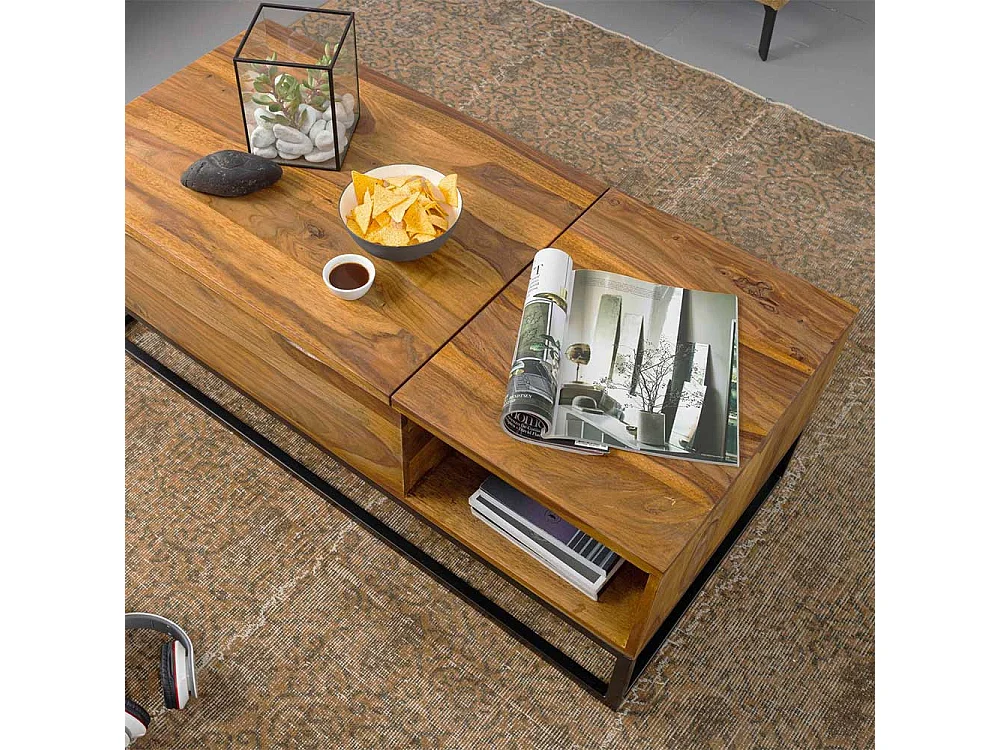 Wohnzimmer Couchtisch aus Sheesham Massivholz und Edelstahl 110 cm breit