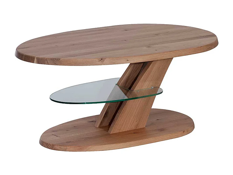Designercouchtisch aus Wildeiche Massivholz und Sicherheitsglas höhenverstellbar