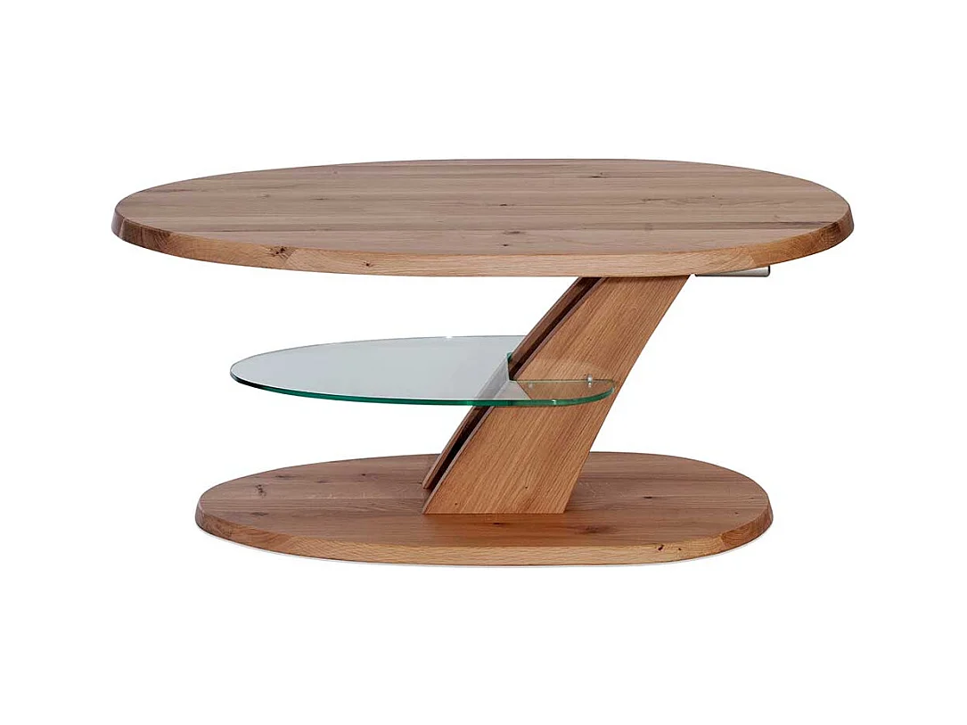 Designercouchtisch aus Wildeiche Massivholz und Sicherheitsglas höhenverstellbar