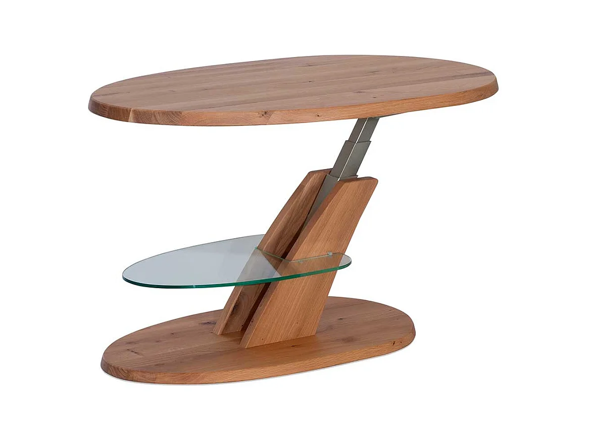 Designercouchtisch aus Wildeiche Massivholz und Sicherheitsglas höhenverstellbar