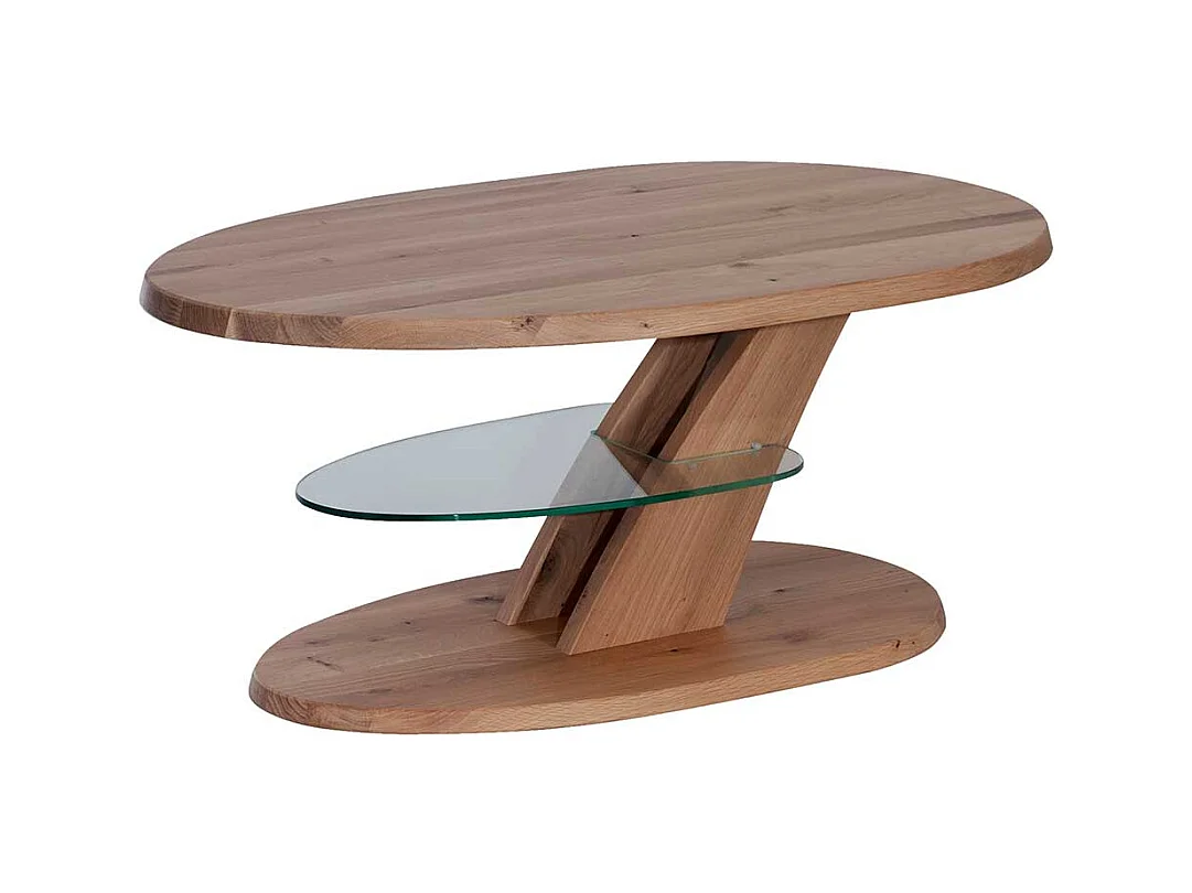 Designercouchtisch aus Wildeiche Massivholz und Sicherheitsglas höhenverstellbar