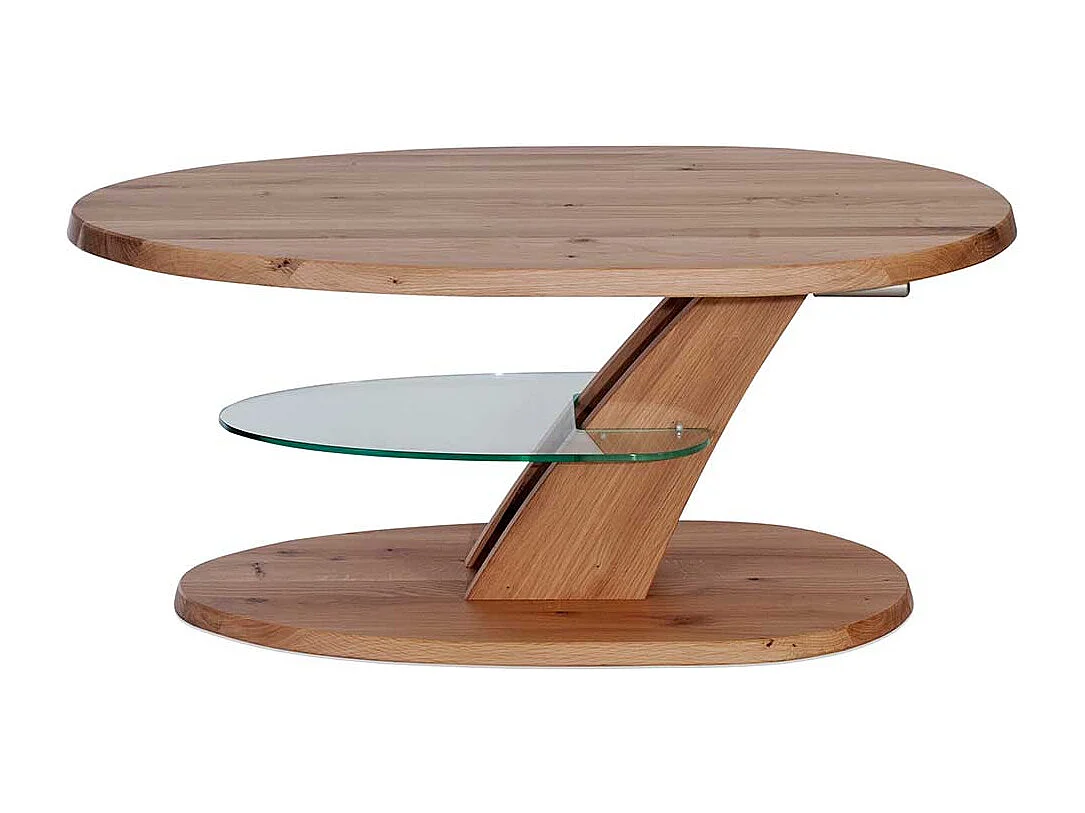Designercouchtisch aus Wildeiche Massivholz und Sicherheitsglas höhenverstellbar