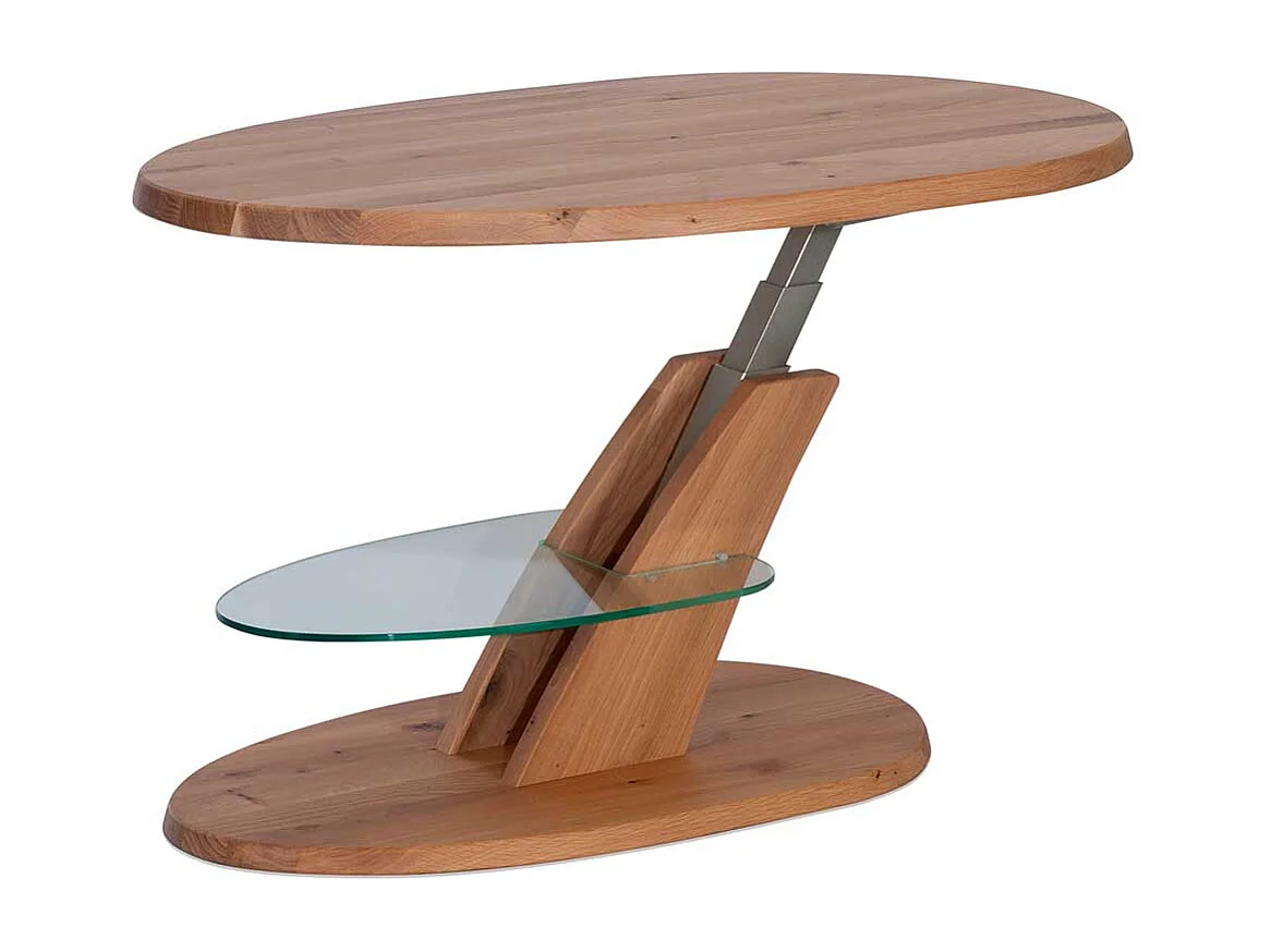 Designercouchtisch aus Wildeiche Massivholz und Sicherheitsglas höhenverstellbar