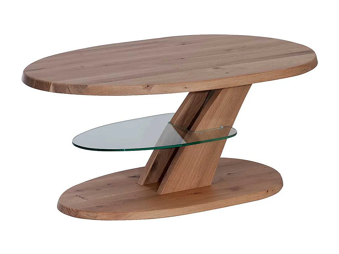 Designercouchtisch aus Wildeiche Massivholz und Sicherheitsglas höhenverstellbar