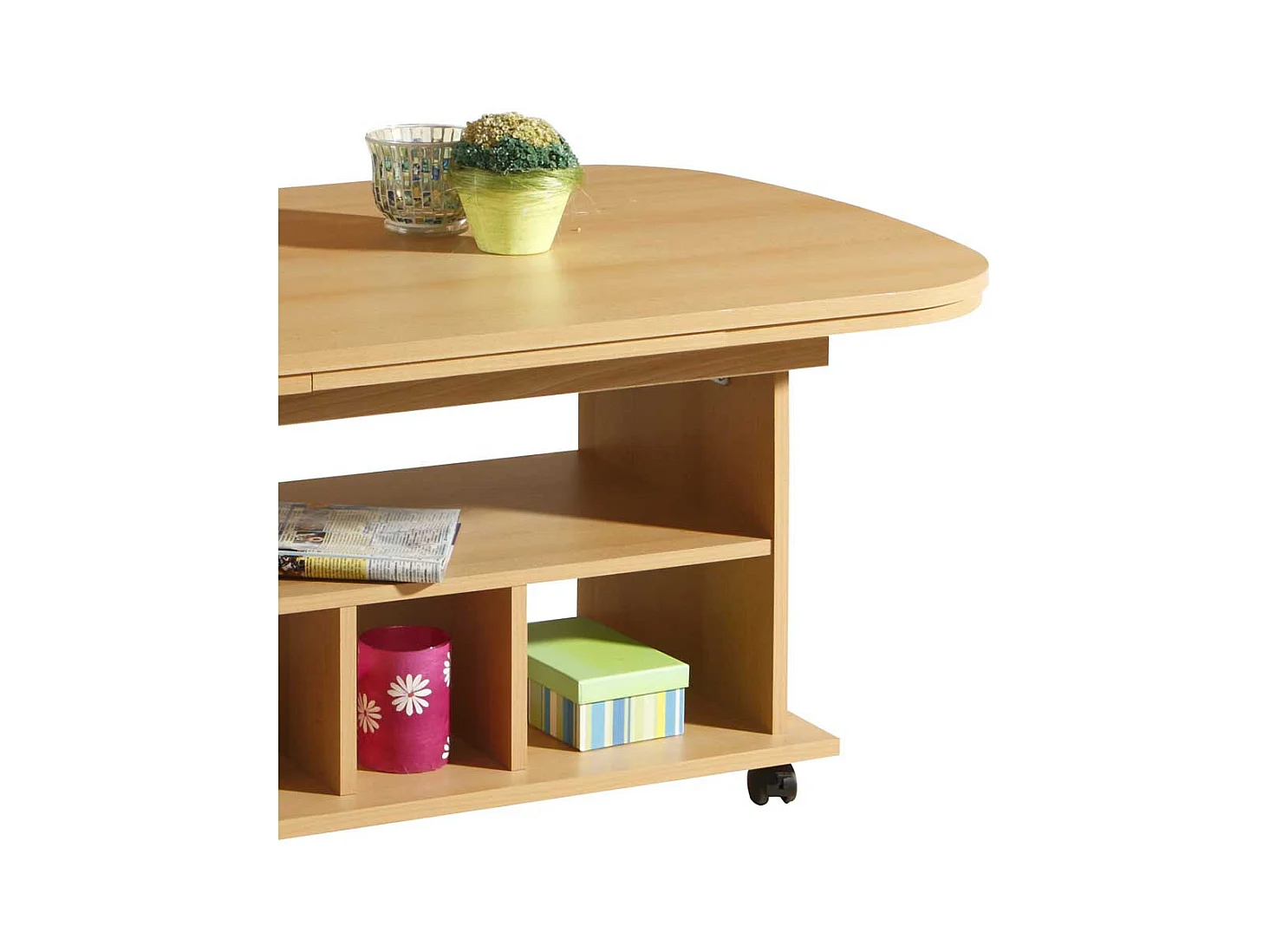 Ausziehbarer Couchtisch aus Buche mit Rollen