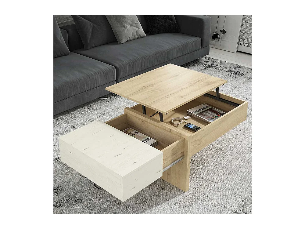 Wohnzimmer Tisch in Creme Weiß und Wildeiche Optik höhenverstellbar