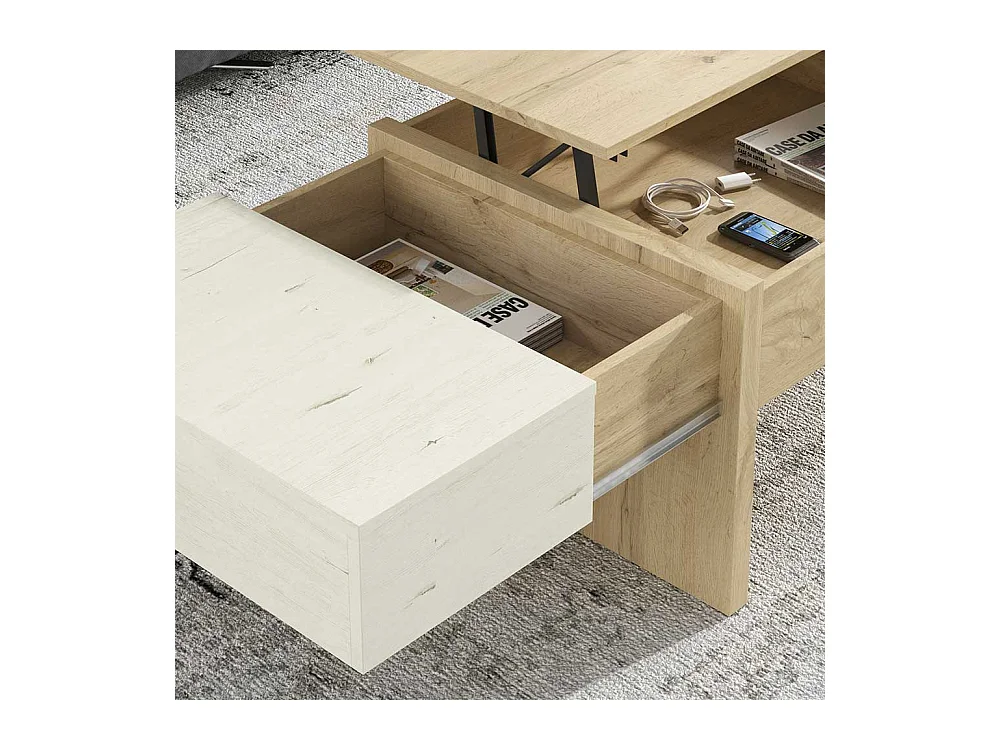 Wohnzimmer Tisch in Creme Weiß und Wildeiche Optik höhenverstellbar