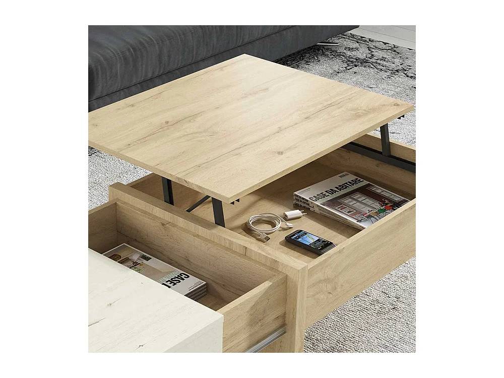 Wohnzimmer Tisch in Creme Weiß und Wildeiche Optik höhenverstellbar