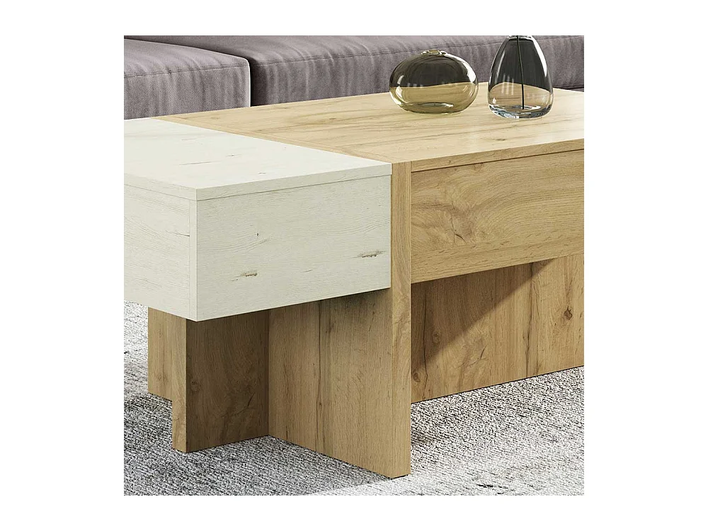 Wohnzimmer Tisch in Creme Weiß und Wildeiche Optik höhenverstellbar