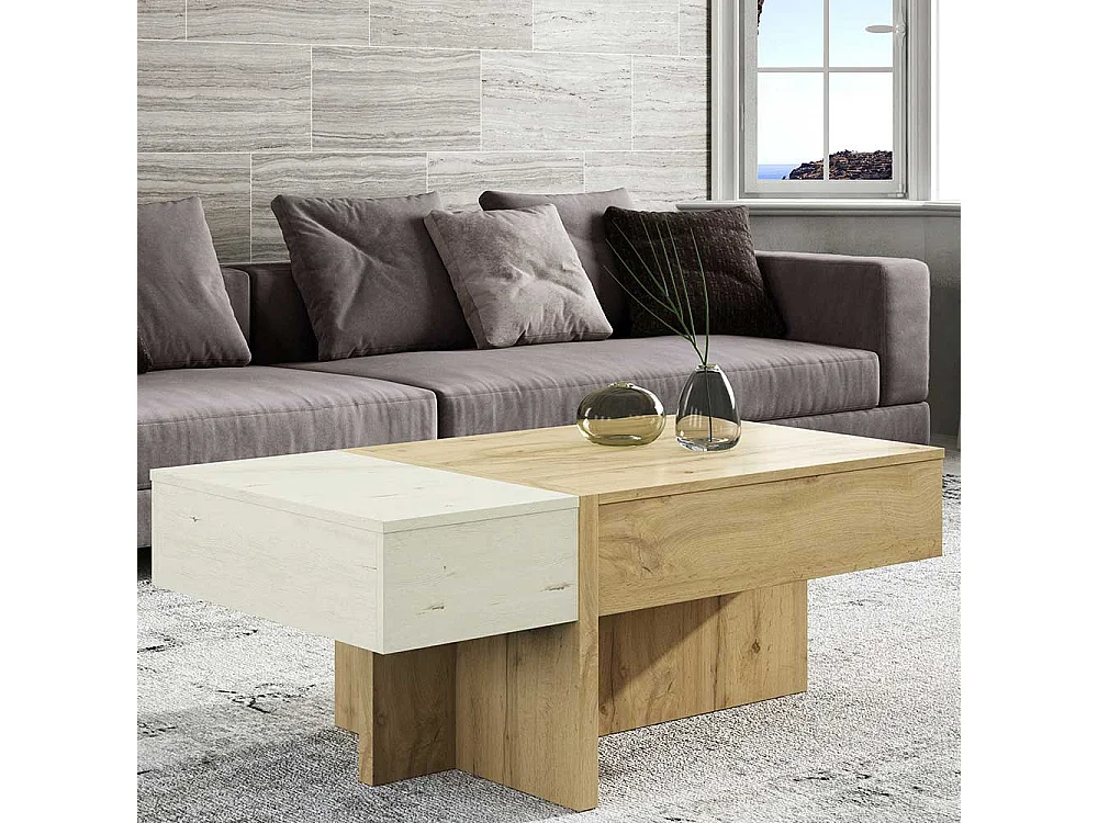 Wohnzimmer Tisch in Creme Weiß und Wildeiche Optik höhenverstellbar