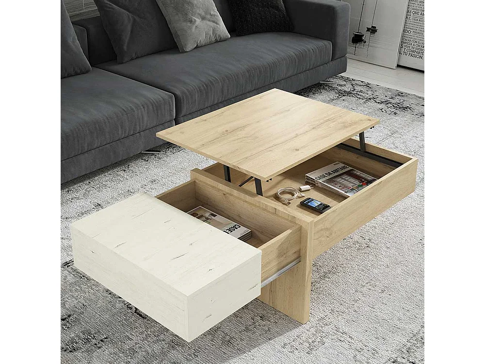 Wohnzimmer Tisch in Creme Weiß und Wildeiche Optik höhenverstellbar