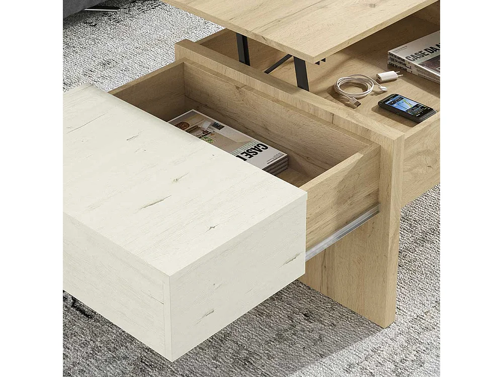 Wohnzimmer Tisch in Creme Weiß und Wildeiche Optik höhenverstellbar