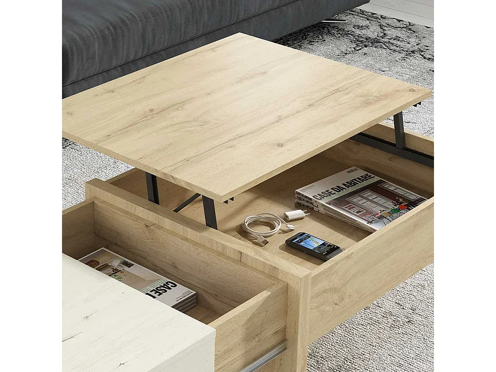 Wohnzimmer Tisch in Creme Weiß und Wildeiche Optik höhenverstellbar