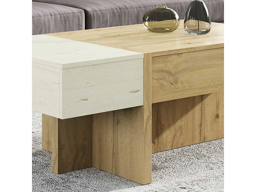 Wohnzimmer Tisch in Creme Weiß und Wildeiche Optik höhenverstellbar