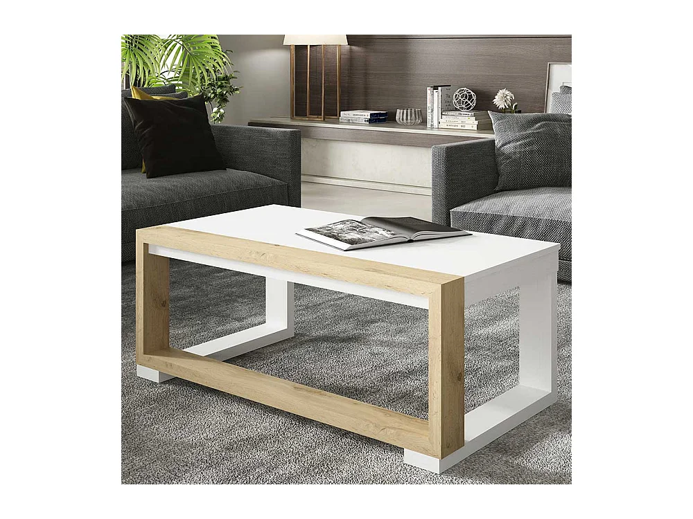Wohnzimmertisch in Weiß und Wildeiche Optik höhenverstellbar