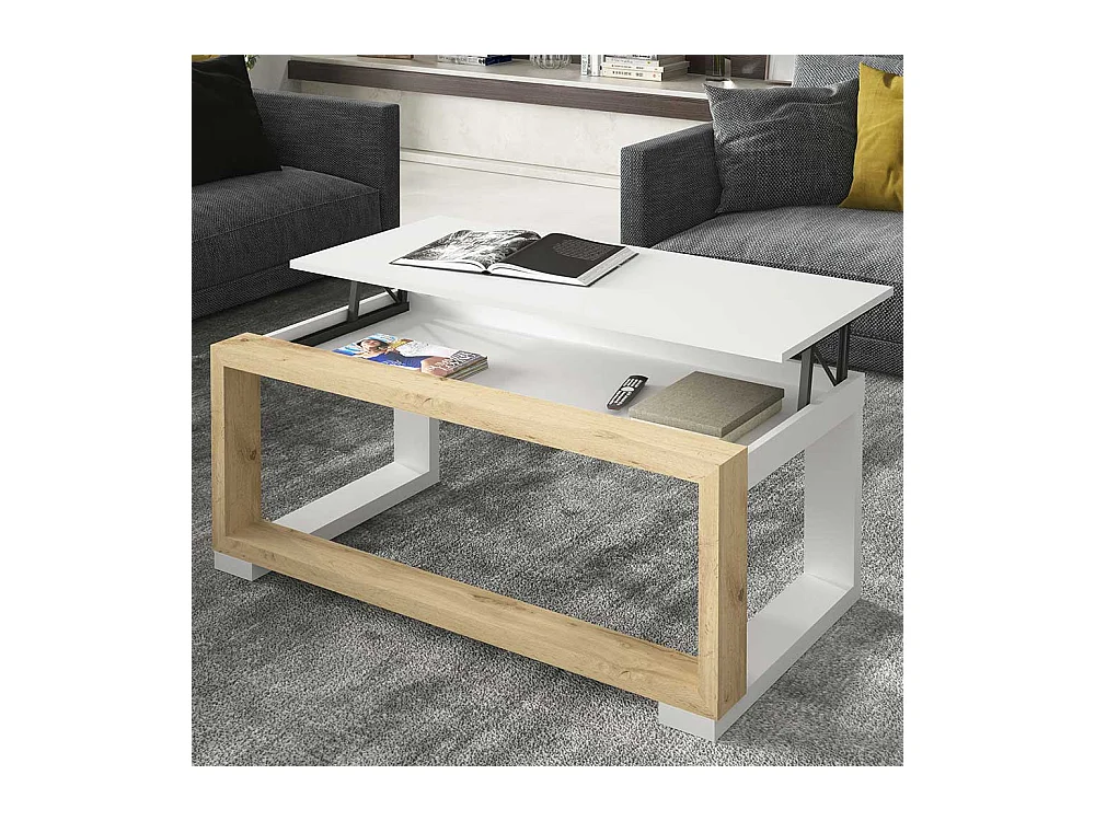 Wohnzimmertisch in Weiß und Wildeiche Optik höhenverstellbar