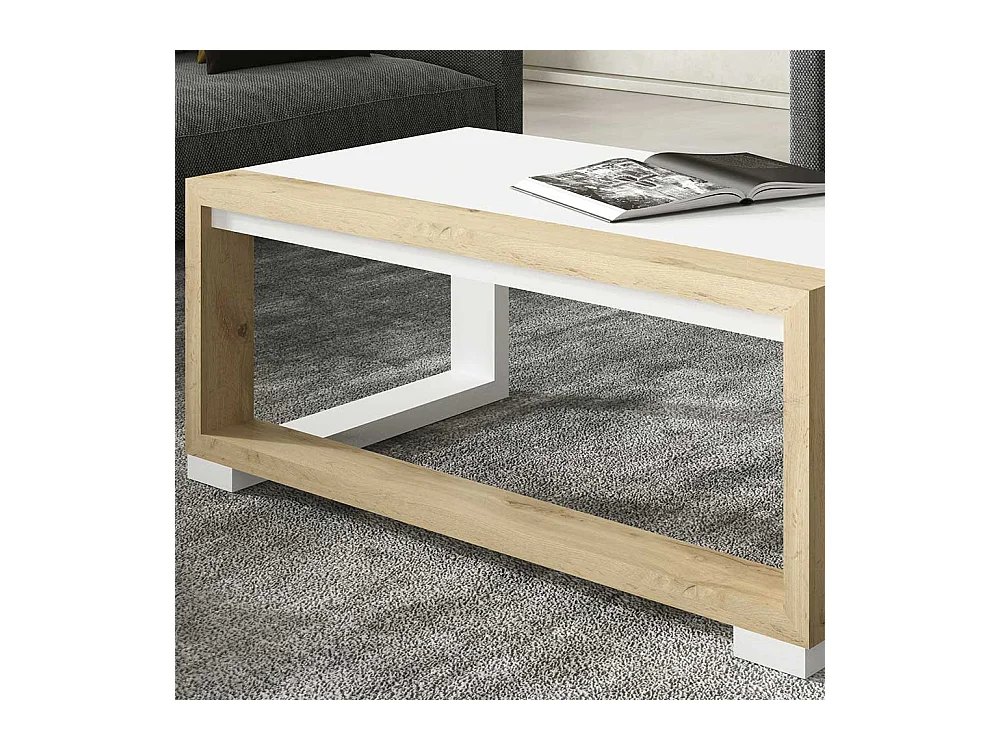 Wohnzimmertisch in Weiß und Wildeiche Optik höhenverstellbar