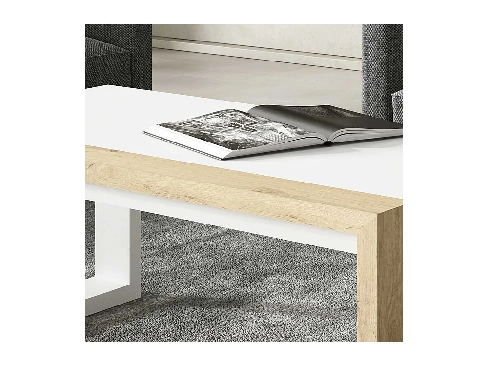 Wohnzimmertisch in Weiß und Wildeiche Optik höhenverstellbar