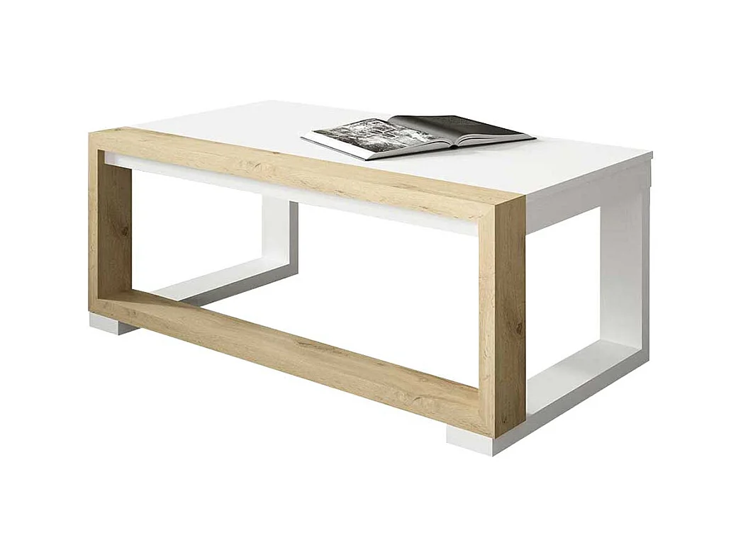 Wohnzimmertisch in Weiß und Wildeiche Optik höhenverstellbar